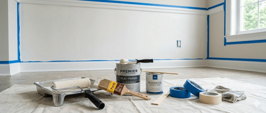 Painting supplies laying in front of a prepped interior wall of a home in London, Ontario