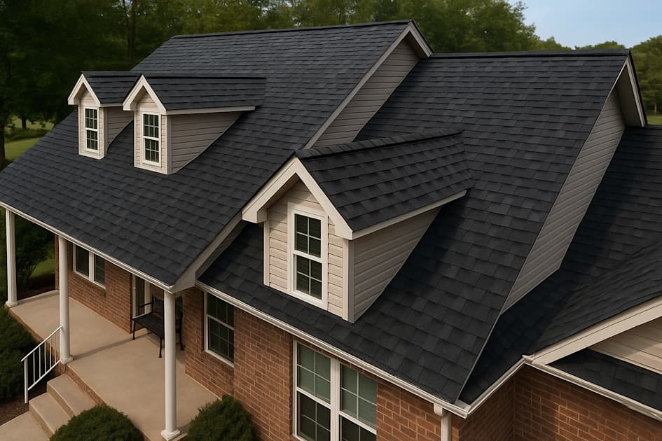 Roof shingles cleaned and coated black
